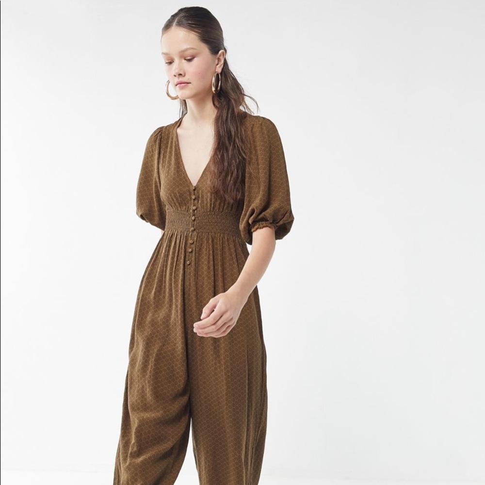 UO Zimi Plunging Puff Sleeve Jumpsuit